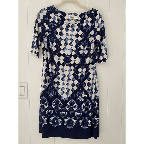 Eliza J Dresses & Skirts - Eliza J Dress Women's 8 Medium Blue White Shift Mini Stretch Half Geometric